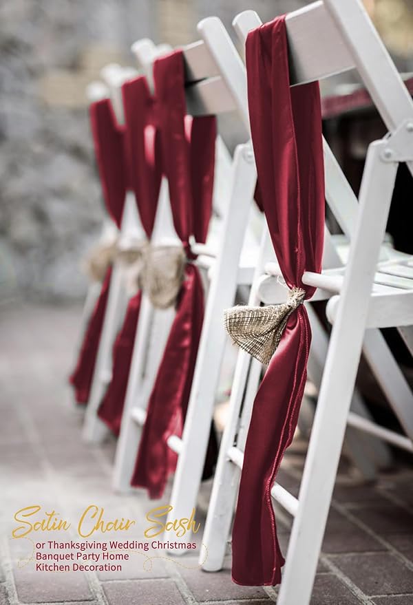 120 PCS Burgundy Satin Chair Sashes, 7 x 108 Inch | Ties Bows Designed Chairs Decorative, Chair Cover Sashes for Wedding Christmas Banquet Party Home Kitchen Decoration - Image 7