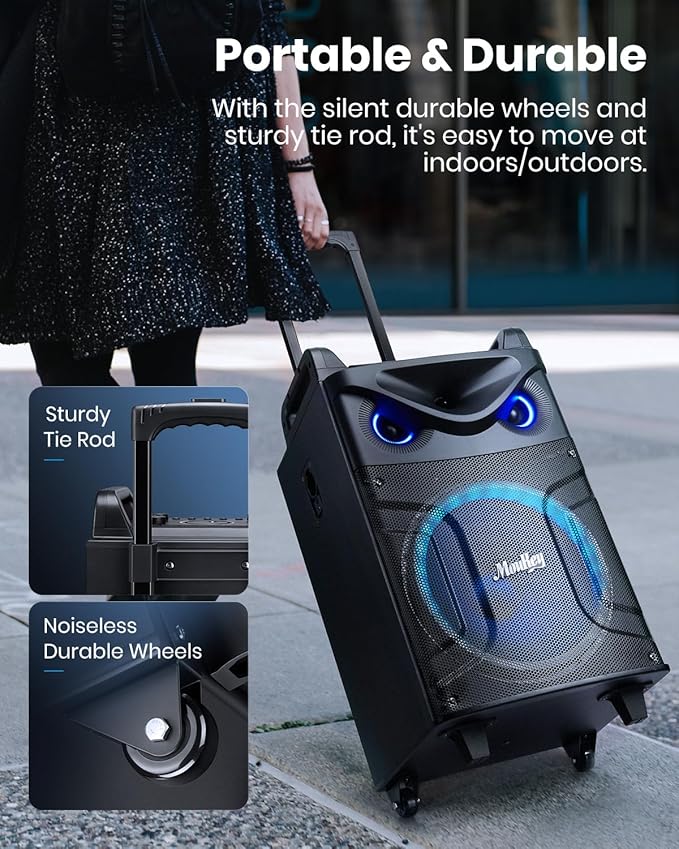 Moukey Karaoke Machine, 12" Woofer PA System, Portable Bluetooth Speaker with 2 Wireless Microphones, Party Lights and Echo/Treble/Bass Adjustment, Supports TWS/REC/AUX IN/MP3/USB/TF/FM - MTs12-1