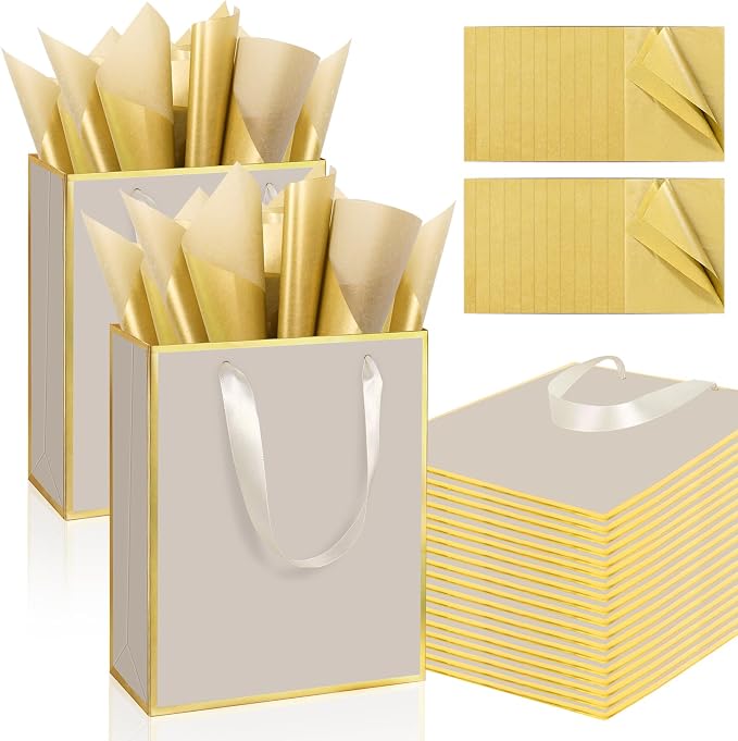 Epoesch 24 Pack Gift Bags with Handles & 24 Tissue Papers – 8x5x10 Inches | Champagne with Gold Edge for Birthday, Weddings, Baby Showers, Holidays, Christmas, Thank You & Welcome Gifts by Unknown