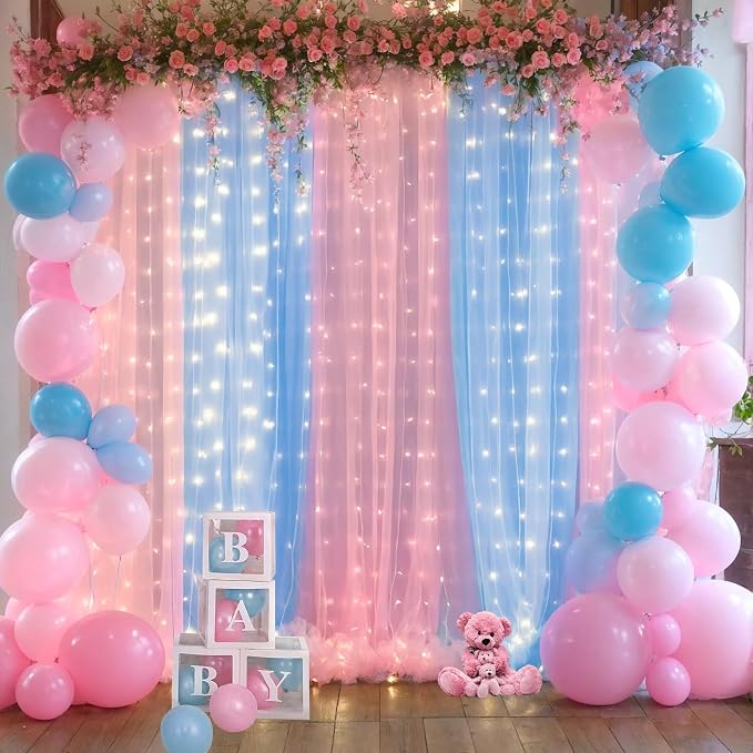 Pink and Blue Backdrop Curtains with Lights String for Baby Shower Sheer Tulle Backdrop Curtain for Gender Reveal Birthday Party Bridal Shower Photo Shoot Background Decorations 2 Panels 5×10ft - Image 3