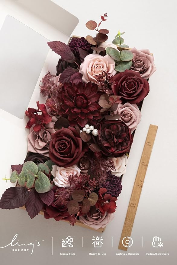 Ling's moment Artificial Wedding Flowers Combo, Dusty Rose & Burgundy, Deluxe | Fake Flower Greenery Stems Foam Roses Dahlia Silk Peonies Eucalyptus for DIY Bridal Bouquets, Table Centerpieces, Home Decor - Image 4