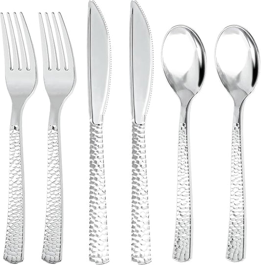 300Pieces Silver Plastic Silverware - Hammered Disposable Utensils - Heavy Duty Plastic Cutlery Set Includes 100 Forks, 100 Spoons, 100 Knives for Dinner Parties Weddings