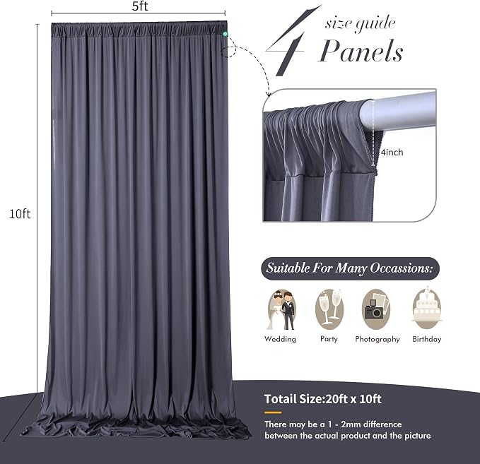 20 ft x 10 ft Wrinkle Free Charcoal Backdrop Curtain for Parties, Dark Grey Polyester Photo Backdrop Drapes for Baby Shower Wedding Engagement Birthday Party Backdrop Stand,5ft x 10ft 4 Panels - Image 7