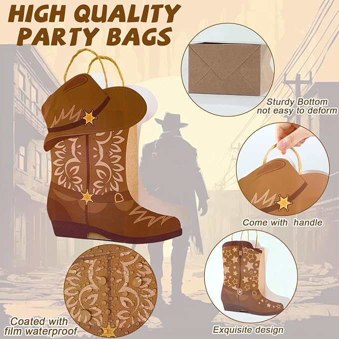 12Pcs Cowboy Boots Paper Bags Western Theme Party Decorations Favors Wild West Kraft Gift Bag with Handles Rodeo Cowgirl Boot Hat Goodie Bag for Cowboy Birthday Bachelorette Baby Shower Party Supplies - Image 3