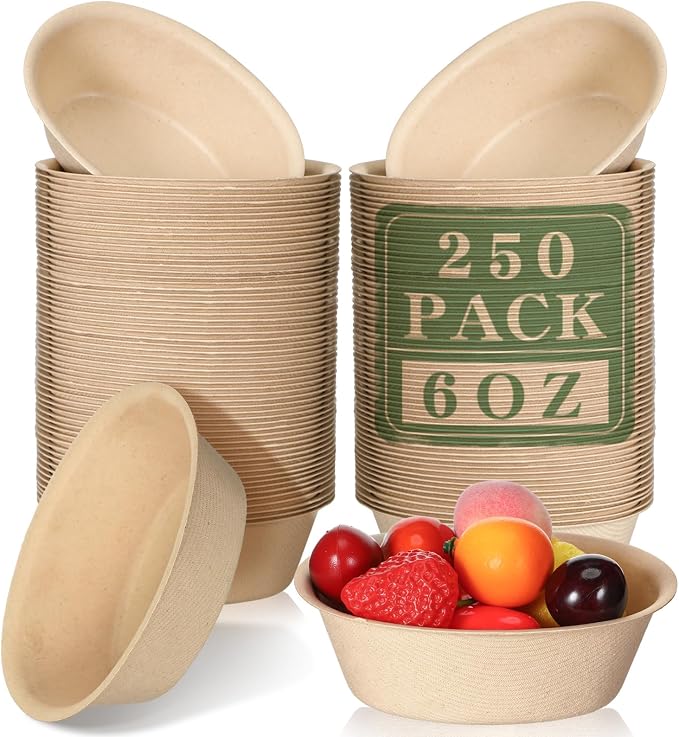 Dandat 6 oz Disposable Paper Bowls Bulk Small Bagasse Dessert Bowls for Ice Cream Soup Salad Pasta Party Supplies Picnic Banquet Barbecues Pet Food(Brown,250 Pcs) by Dandat