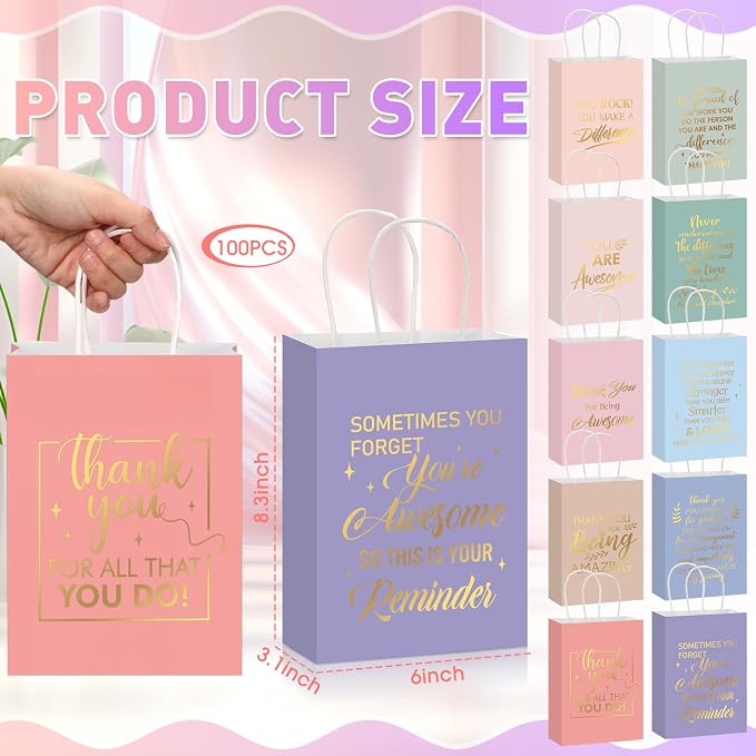 Engrowtic 100 Pcs Thank You Gift Bags with Handles Bulk, Pastel Color | Kraft Paper Bag, 8.3 x 3.1 x 6 Inch, Employee Appreciation Gift, Coworker Nurse Teacher Staff Business Wedding - Image 2