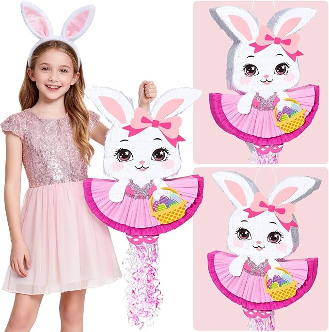 WERNNSAI Easter Bunny Pinata – Pink Easter Rabbit Pinata with Blindfold and Stick Spring Easter Egg Hunt Game Party Decorations Birthday Carnival Supplies