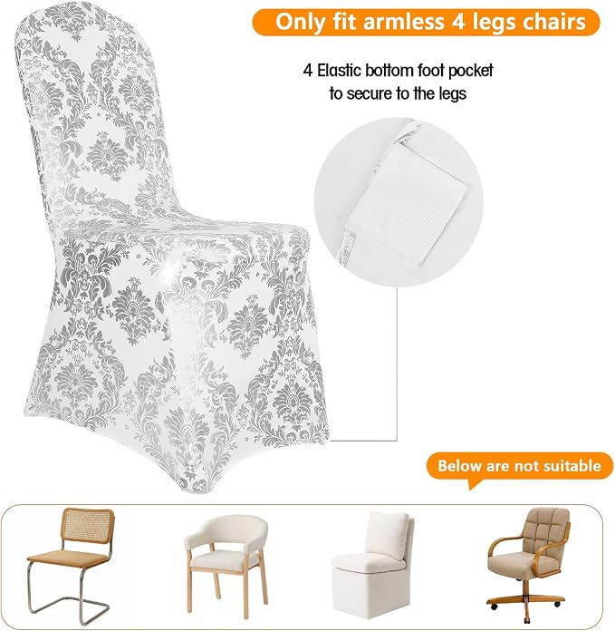 Silver Chair Covers Foil Floral Print, Stretch Fit, 20 Pack | Spandex, Washable, Anti-wrinkle, Armless 4-Leg Chair, Folding Chair Cover, Dining Chair Slipcover for Party Wedding Banquet - Image 3