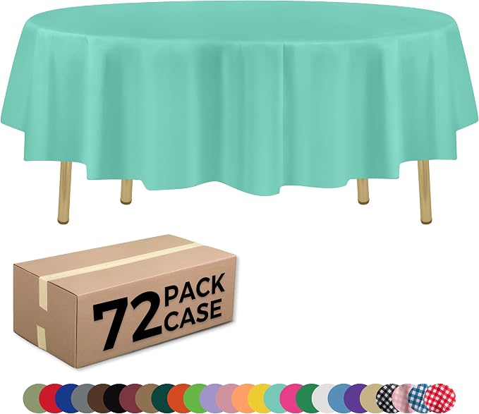 ZIMPLEWARE Aqua Standard Disposable Plastic Party Tablecloth [Case of 72] 84 x 84” Round Table Cover for Indoor & Outdoor Use by Zimpleware