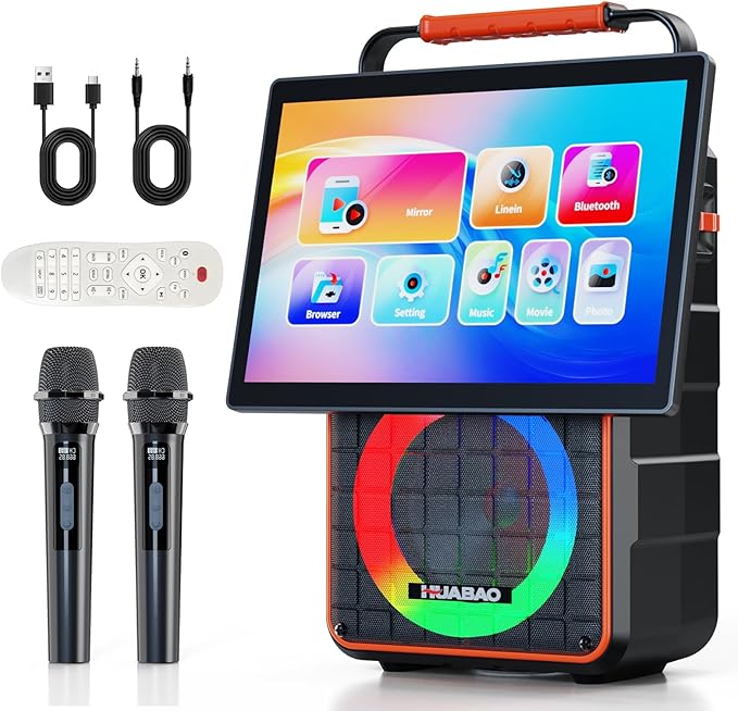 Portable Bluetooth Karaoke Speaker with 14.1” HD Screen, Wireless Screen Mirroring for iOS & Android, 2 Wireless Rechargeable Mics, AUX/USB/TF Card, Dynamic Lyric Display via Bluetooth, Ideal for Home