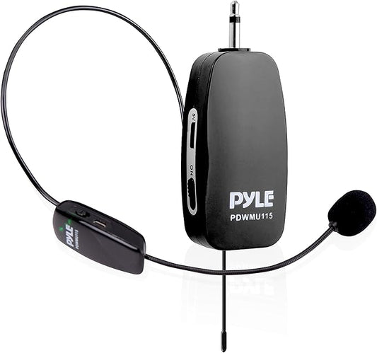 Pyle UHF All-Purpose Wireless Microphone System - Portable Professional Cordless Microphone Wireless Mic Kit w/ Headset Mic, Receiver Unit - Karaoke, Conference, DJ Party - Pyle PDWMU115