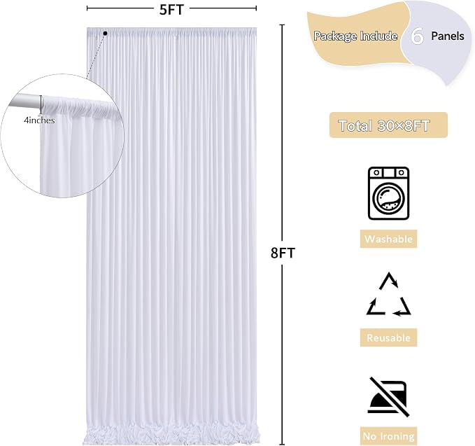30 ft x 8 ft White Backdrop Curtain Drapes for Wedding Parties, 6 Panels 5 ft x 8 ft Wrinkle Free Polyester Photo Drapes for Birthday Party Baby Shower Backdrop Stand - Image 5