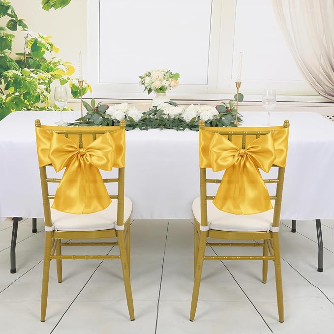 YMHPRIDE 60 PCS Gold Satin Chair Sashes,Ties Bows Designed Chair Sashes for Wedding Party Baby Shower Banquet Restaurant Hotel Folding Chairs Decoration(Gold,7x78 inch) - Image 2