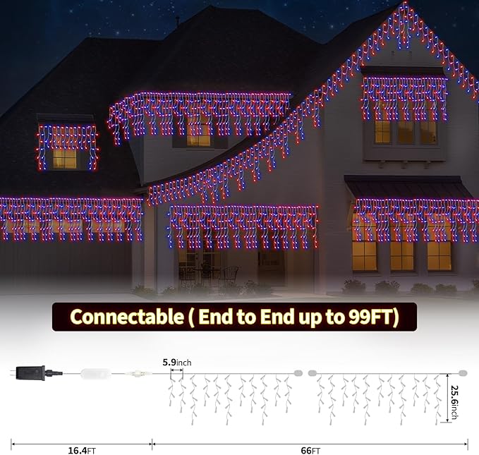 Gemce Smart RGB Icicle Lights, 66ft 608 LEDs Outdoor/Indoor Christmas Chasing Lights, 16 Million DIY Colors, Music Sync, 58+ Scene Modes, App Control for Holiday & Party Decor