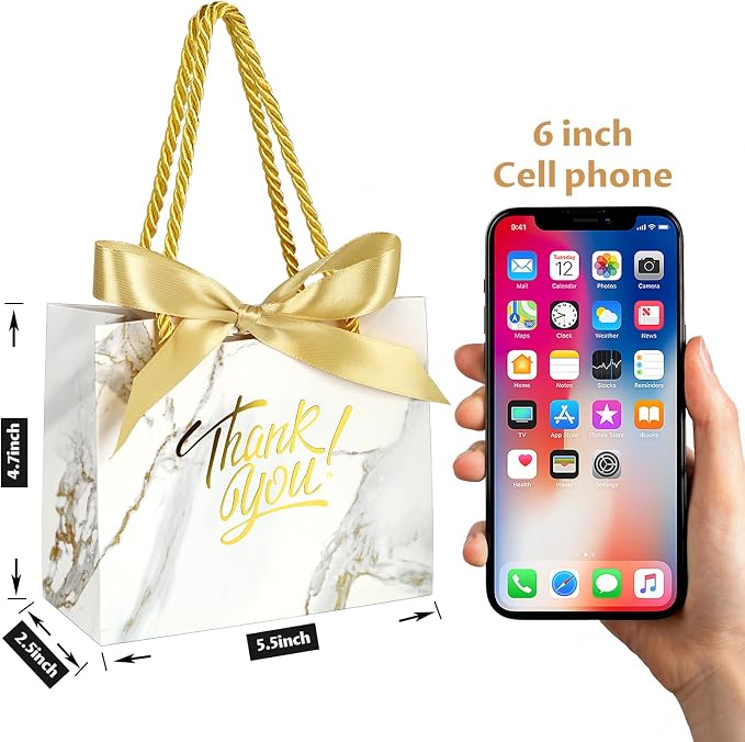 EQOREIIN 30 Pack Small Thank You Gift Bags with Handles &, Marble Gold | 5.5 x 2.4 x 4.7 Inches Mini Gift Bags for Girls Kids Birthday Mother's Day Wedding Christmas Goodie Candy Party Favors - Image 2