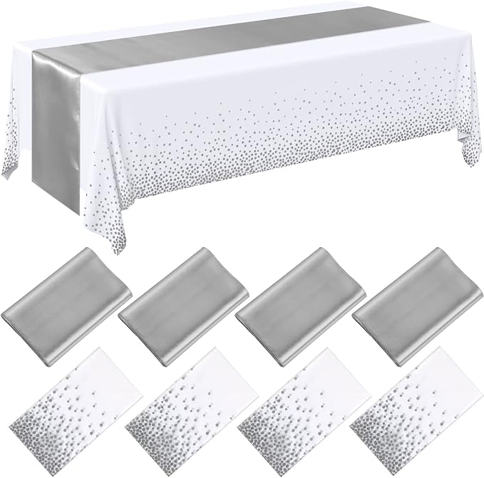 24 Packs Tablecloths Satin Runner White and Silver Graduation | 54x108 Inch Disposable Tablecloth and 12x108 Inch Satin Runners for Wedding Birthday Party Baby Shower Christmas New Year by Breling