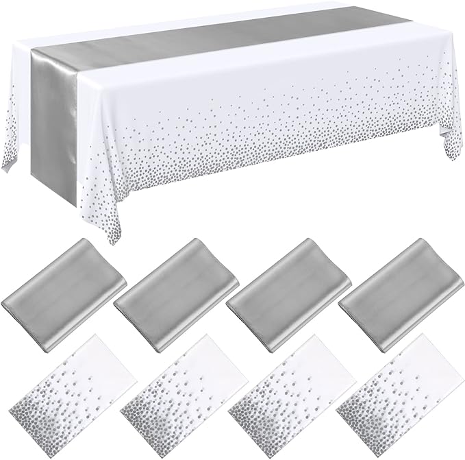 8 Pack White and Silver Tablecloths and Satin Runners Set | 54x108 Inch Disposable Tablecloth and 12x108 Inch Satin Runners for Wedding Birthday Party Baby Shower Christmas New Year by Breling