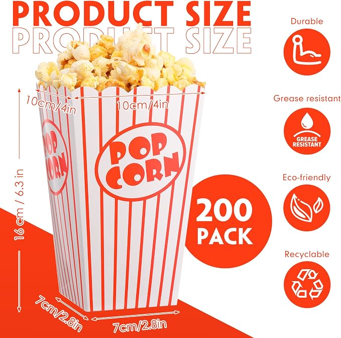 200 Pack Movie Night Popcorn Boxes Paper Popcorn Bucket Red and White Striped Container Vintage Retro Bags for Party 6.3 Inch Tall Holders for Carnival Circus Party - Image 2