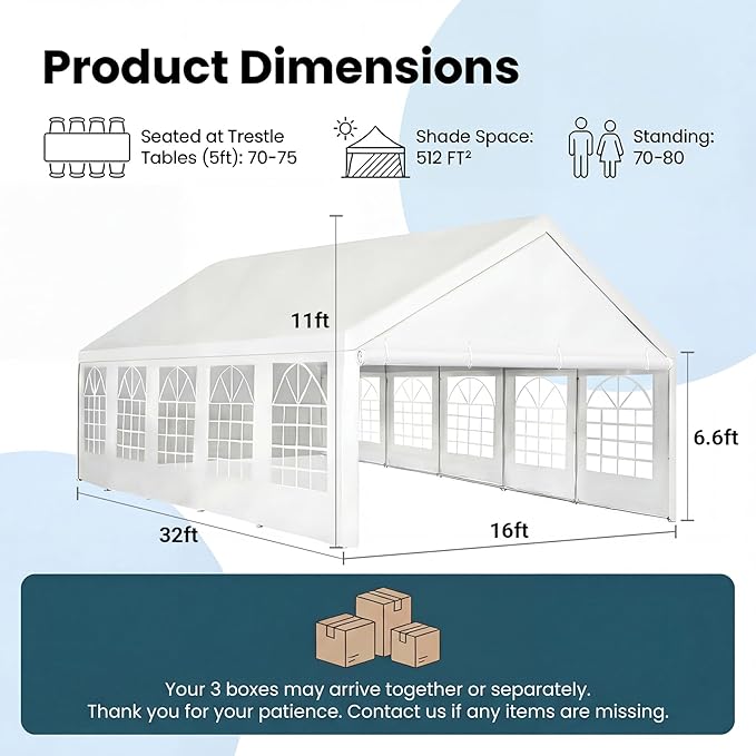 Party Tent 16x32ft Heavy Duty Large Outdoor Commercial Wedding Canopy White Event Shelter Gazebo Carport with Removable Sidewalls
