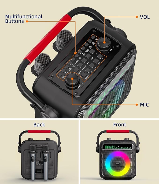 Karaoke Machine 2 Wireless Microphones, Portable Bluetooth Speaker w/PA System for Adults & Kids with LED Lights, Bass/Treble Adjustment, Supports REC/TWS/FM/AUX/USB/IF Card for Party