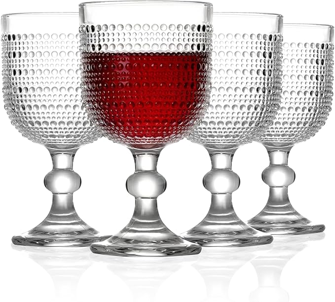 Clear Wine Glasses Set of 4, 12oz Vintage Goblet Glasses, Embossed Glass Cups Hobnail Glassware for Weddings, Dinners, and Holiday Gifting