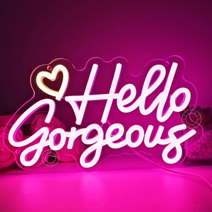 SYLHOME Hello Gorgeous Led Neon Light Sign Heart Bedroom Girls Room Wall Decor Sign Bar Beauty Studio Salon Wedding Birthday Christmas Party Decoration 11.8" X 6.8" USB