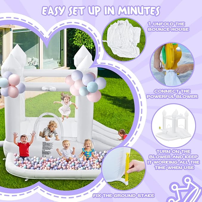 White Bounce House, Inflatable Bounce Castle with Double Slide Ball Pit 370W Blower Bouncer for Toddler, Bounce House Bouncy Castle for Indoor Outdoor Backyard Wedding Kids Birthday Party