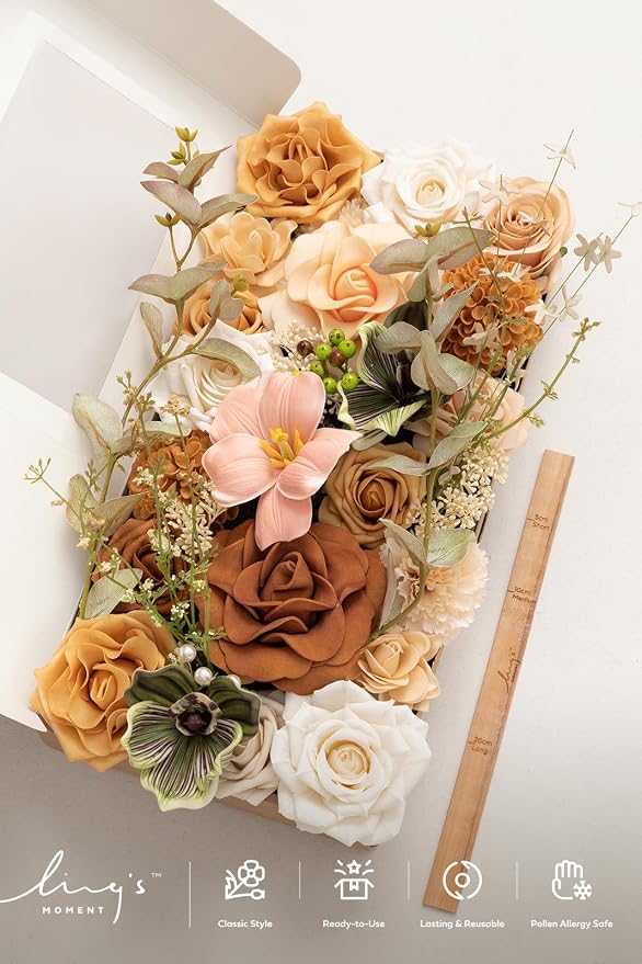 Ling's moment Fake Flowers Box, Faux Artificial Greenery Stems Foam Roses Dahlia Gardenia Tulip Silk Carnation Fabic Flower for Centerpieces Bouquet Wedding Vase, Apricot & Peach, Deluxe Combo | Artificial Faux Greenery Stems, Silk Peony, Foam Rose, Fo... - Image 5