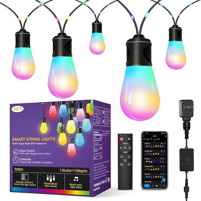 OUTON Outdoor String Lights, 46FT RGBAI Smart Festoon Lights Outdoor, Waterproof IP65, Remote & APP Control, Works with Alexa, Google Assistant, Dimmable Warm White Garden Lights for Backyard Party