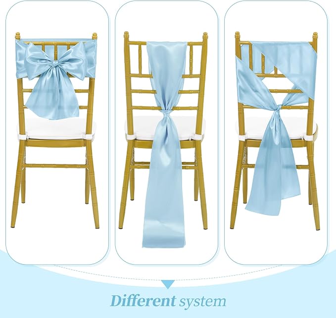 YMHPRIDE 60 PCS Baby Blue Satin Chair Sashes,Ties Bows Designed Chair Sashes for Wedding Party Baby Shower Banquet Restaurant Hotel Folding Chairs Decoration(Light Blue,7x78 inch) - Image 4