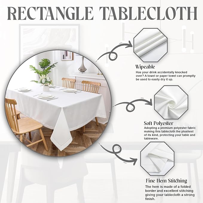 Majestic Giftware Linen Look Polyester Tablecloths for Rectangle Tables | (70/160) - TC1551 White with Hole Design Etched at Seam Table Cover | Decorative Washable Tablecloth for Kitchen & Dining - Image 2