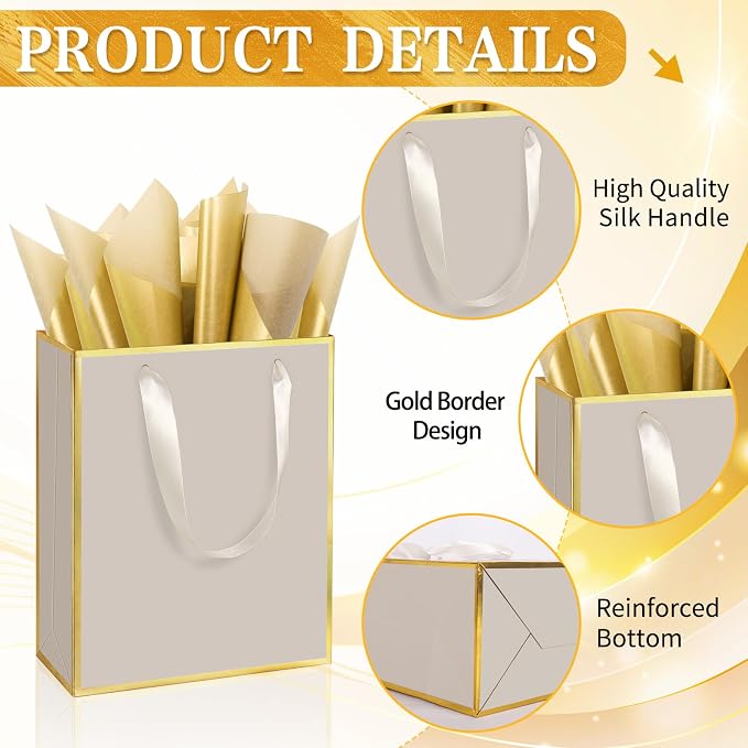 Epoesch 24 Pack Gift Bags with Handles & 24 Tissue Papers – 8x5x10 Inches | Champagne with Gold Edge for Birthday, Weddings, Baby Showers, Holidays, Christmas, Thank You & Welcome Gifts - Image 3