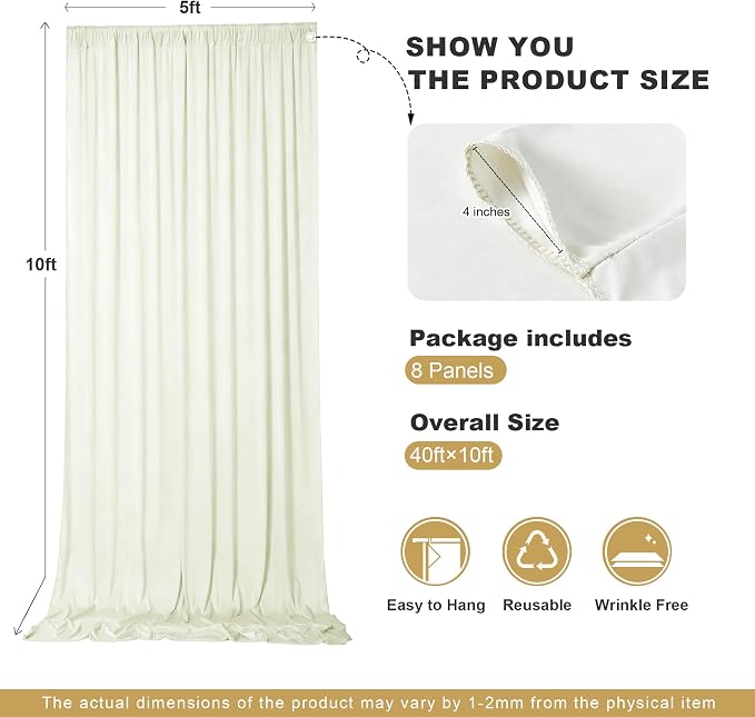 40x10ft Ivory Backdrop Curtains for Parties, 8 Panels 5x10ft Wrinkle-Free Polyester Background Curtains for Wedding, Birthday, Baby Shower,Graduation, Decorations - Image 4