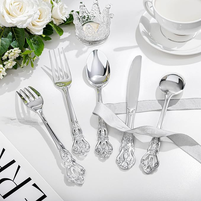 300Pieces Silver Plastic Silverware - Heavy Duty Silver Disposable Utensils - Vintage Plastic Cutlery Set Includes 100 Forks, 100 Spoons, 100 Knives for Dinner Parties Weddings
