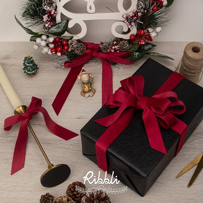 Ribbli Vintage Red Velvet Ribbon Double Faced 1/2 Inch 10-Yard Spool Red Ribbon Use for Christmas Tree Ornaments Gift Wrapping Wreath Decoration Wedding Boutonnieres