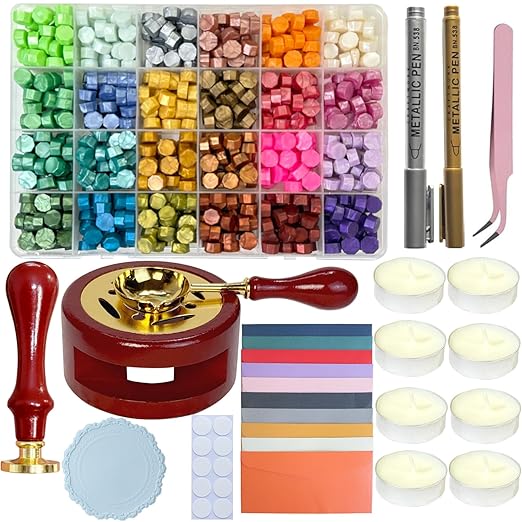 Wax Seal Kit, 624 Pcs 24 Colors Sealing Beads, 1 Pcs Stamp,Sealing Wax Warmer,Spoon,Mat,Metallic Pen, 10Pcs Envelope, 8Pcs Tea Candles for Wedding Birthday Gift and DIY Craft
