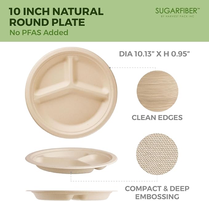 10 inch 3 COMP Nature Compostable Dinner Paper Plates for Party, 500 Count | Disposable,Biodegradable,Heavy-Duty,Natural,Bagasse,Microwavable, Eco-Friendly,Sugarcane,Plant Fibers,Sugarfiber,PFAS Free - Image 2