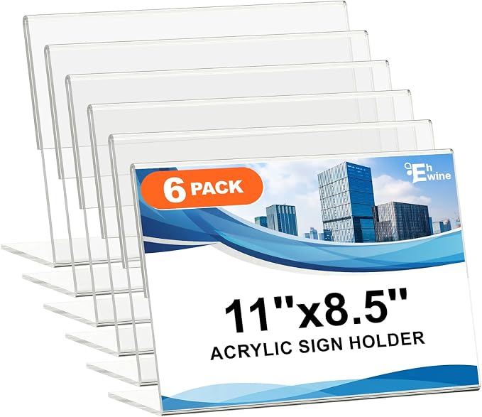 EHWINE 6 Pack 8.5 x 11 Acrylic Sign Holder Horizontal, Clear Plastic Signs Display Stand, Slanted Back Paper Holder Stand up Table Top Sign Holders Flyer Stand Frames for Office Business Store by EHWINE