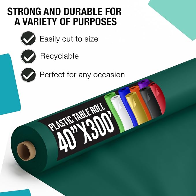 Exquisite Party Solids Dark Green Plastic Table Cover Roll 4 Pack 40" X 300' Table Cloth Plastic Cover Roll - Premium Quality Thick 0.5 MIL Banquet Rolls - Disposable Tablecloth Rolls - Image 2
