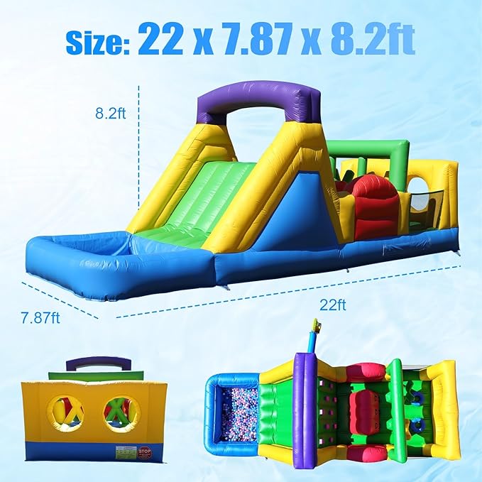 22FT Commercial Grade Bounce House for Adult, (Heavy Duty PVC) (Splash Big Water Pool) (1100W UL Blower) Inflatable Obstacle Course with Slide, Ball Pit, Large Backyard Lawn Party Game