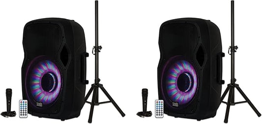 Acoustic Audio by Goldwood 15 Inch 1000 Watt Bluetooth LED Speaker System with RCA25 Pro Audio 25 Foot Stereo Cables, Red/White (2 Pack)