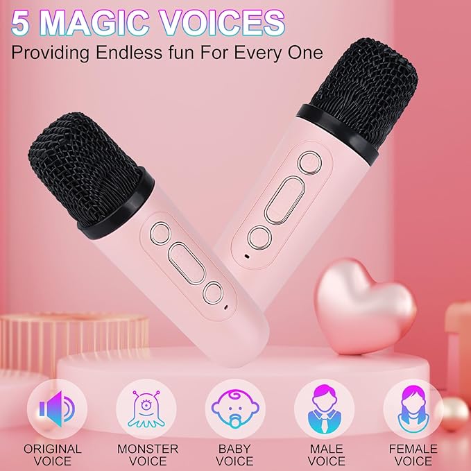 Karaoke Machine for Kids Adults, Mini Portable Bluetooth Karaoke Speaker with 2 Wireless Microphone and Lights,Toys for All Smartphones,Birthday, Family,Home Party Pinkcolor