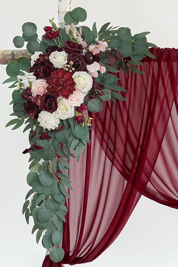 Olalaka Burgundy Artificial Wedding Arch Flowers Kit (Pack of 3) with 26Ft Burgundy Shiny Arch Draping Fabric for DIY Wedding Party Ceremony Reception Backdrop Floral Decoration - Image 4