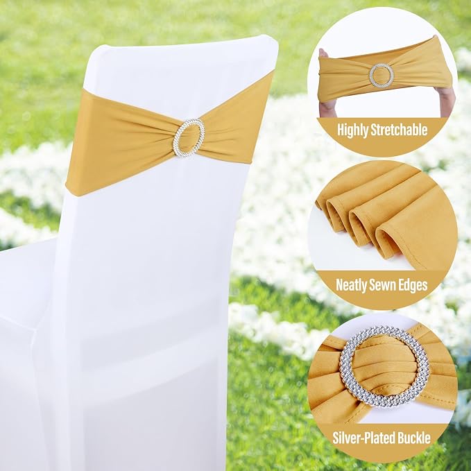LEBENGURU Gold Stretch Chair Sashes 100pcs with Buckle Slider - Image 4