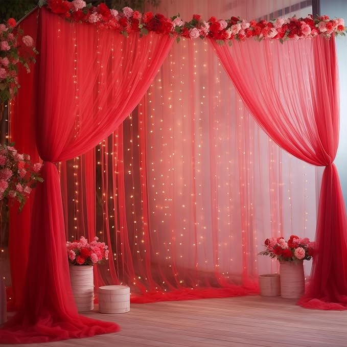 10ft x 8ft Red Backdrop Curtain with Lights String for Parties, Sheer Tulle Wedding Photo Backdrops Drapes for Baby Shower Birthday Party Decorations Background for Photography - Image 2