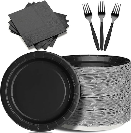 Black Paper Plates and Napkins Party Supplies-50 x 7''Dessert Plates & 50 x 5''Napkins & 50 x 7.3''Forks, Disposable Paper Tableware Set for Birthday, Retirement, Graduation, Father's Day by CENLBJ