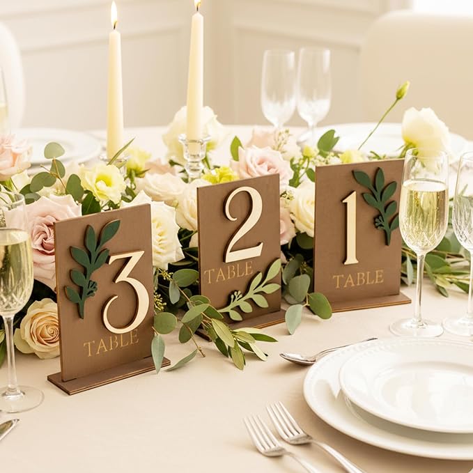 Wedding Table Numbers 1-20 with Holders, Elegant Wood Table Numbers with Eucalyptus Leaves for Wedding Reception, Centerpiece Decoration, Event, Party - Image 6