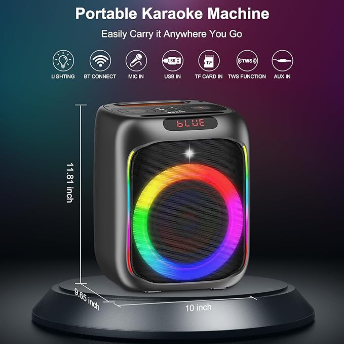 Karaoke Machine with 2 Wireless Microphones, 80W Portable Bluetooth Speaker, Party Speaker with LED Colorful Lights TWS Pairing, Karaoke Speaker Supports for Mic Input,USB,AUX,TF Card
