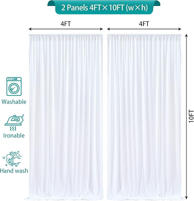 8 x 10 ft White Backdrop Curtains for Photo Background Wrinkle Free Drapes | Soft Polyester Fabric,Natural Drape,Top Rod Pocket,Washable & Reusable,For Wedding Birthday Party Decor,4ft x 10ft 2 Panels - Image 4