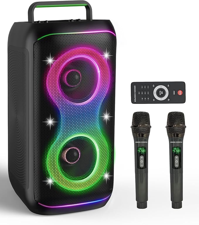 GKD61 Karaoke Machine for Adults with 2 Wireless UHF Microphones, 400W Peak Power Karaoke System with Dual 6.5'' Subwoofers, Portable Party Bluetooth Speaker with RC, Bass & Treble Control for Outdoor